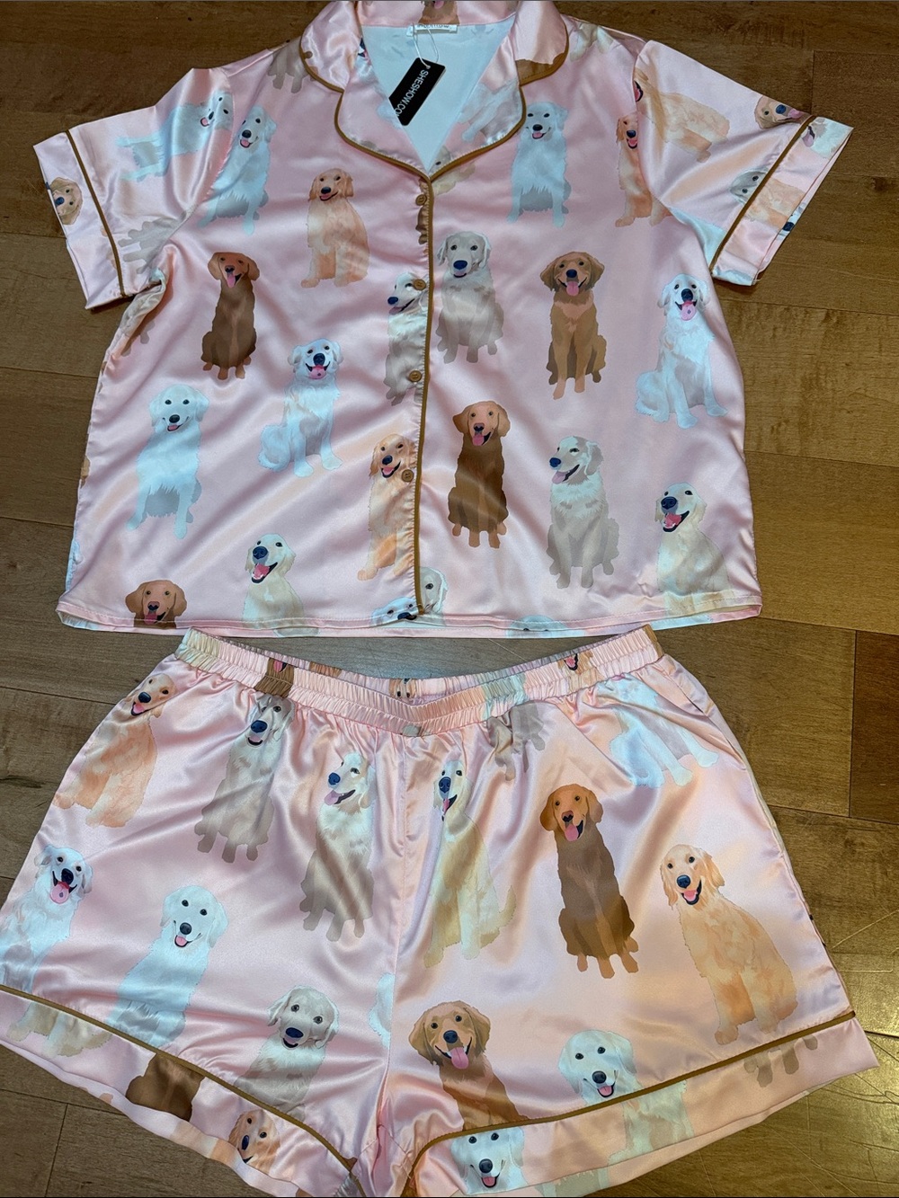 Pink Satin women Pajama Set with Golden Retrievers - Unbranded